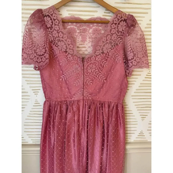 Vintage 70s 80s Women’s Size 13/14 Mauve Pink Lace Satin Dress - Picture 4 of 5